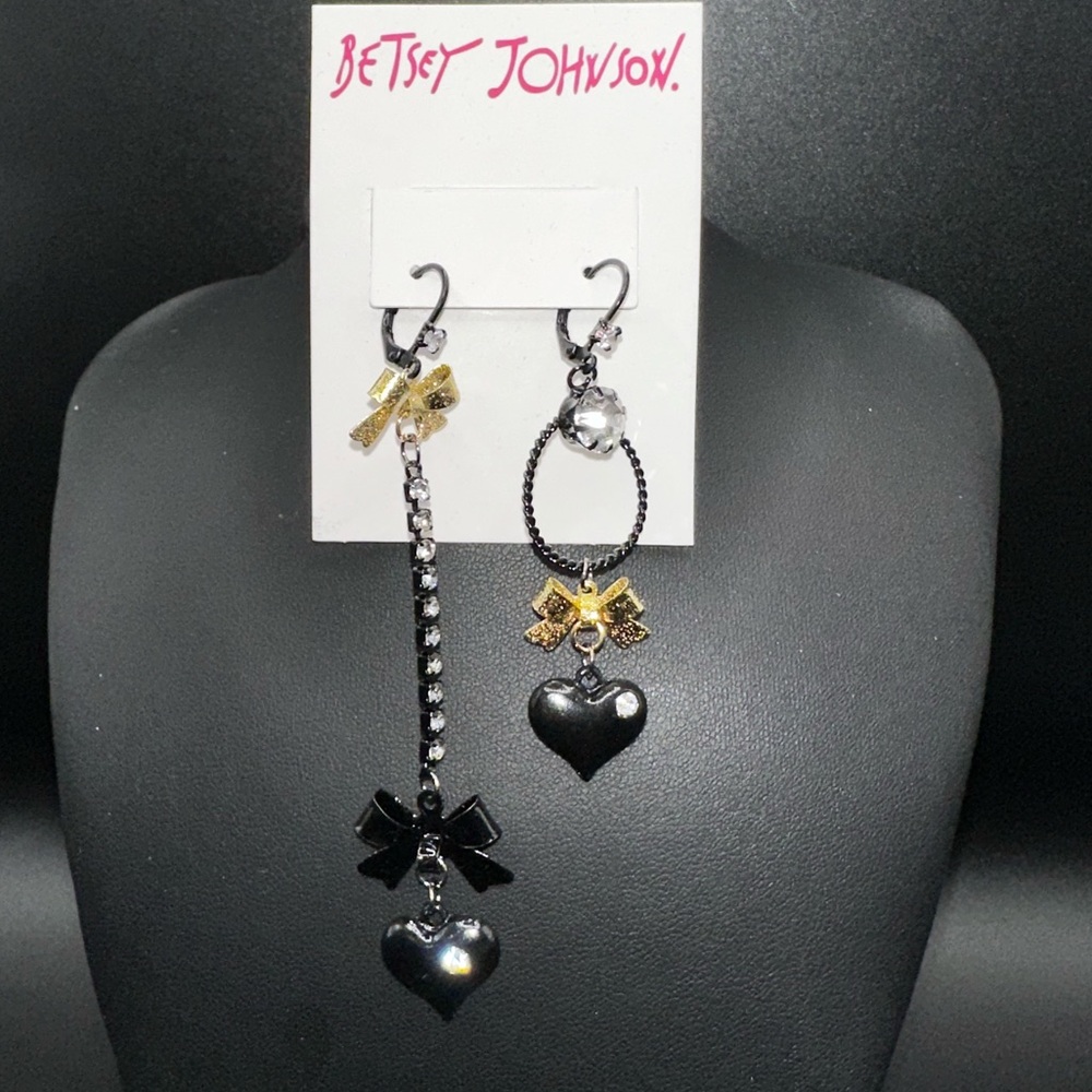 Betsey Johnson Black and Gold Bow Heart Earrings